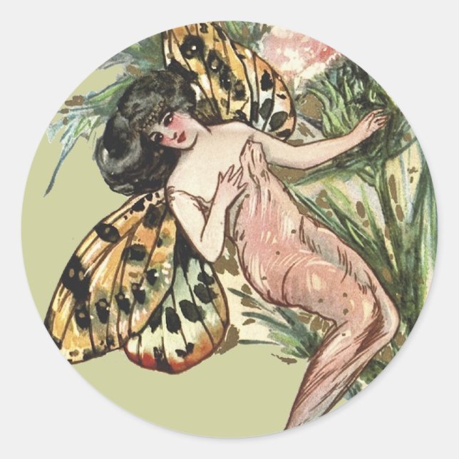 Vintag Art Nouveau Butterfly Fairy Runder Aufkleber (Vorderseite)