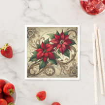Vintag Art Nouveau Christmas Poinsettia Dekoupage