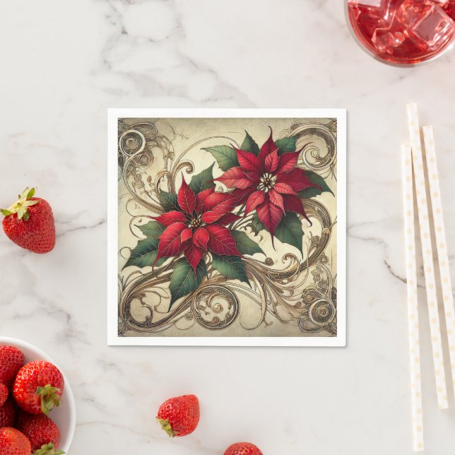 Vintag Art Nouveau Christmas Poinsettia Dekoupage Serviette (Beispiel)