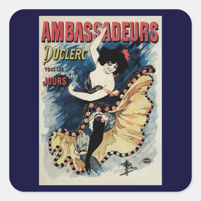 Vintag Art Nouveau Flamenco Dancer, Botschafter Quadratischer Aufkleber (Vorderseite)