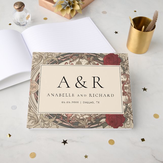 Vintag Art Nouveau Floral Cream Burgund Hochzeit Gästebuch (Vorderseite Offen)