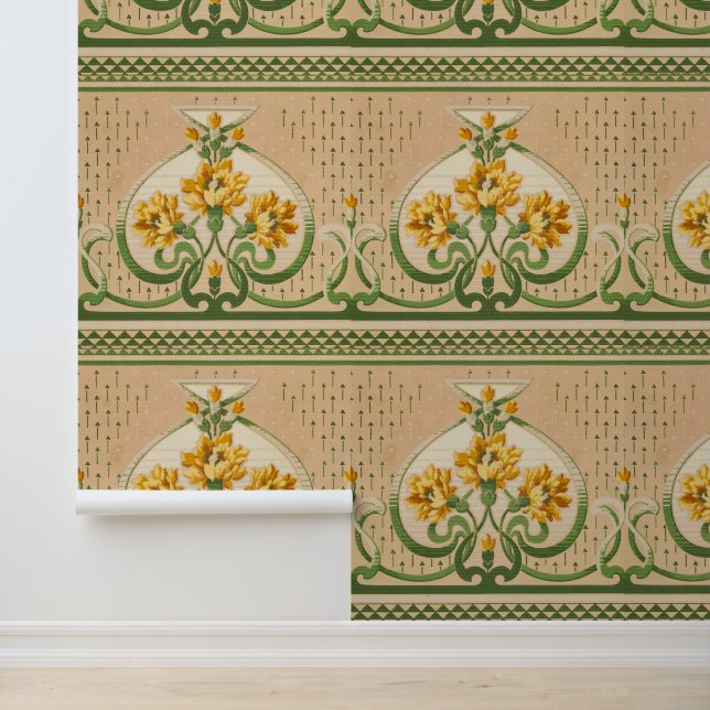 Vintag Art Nouveau Yellow Bouquets Medallion Deko Tapete (Anwendung)
