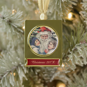 Vintag Art Santa and Children Banner-Ornament Gold