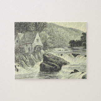 Vintag aussehendes Wasserrad, Wasserfall-Szene-Puz Puzzle