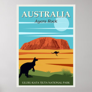Vintag Ayers Rock Australia Kangaroos Travel Poster