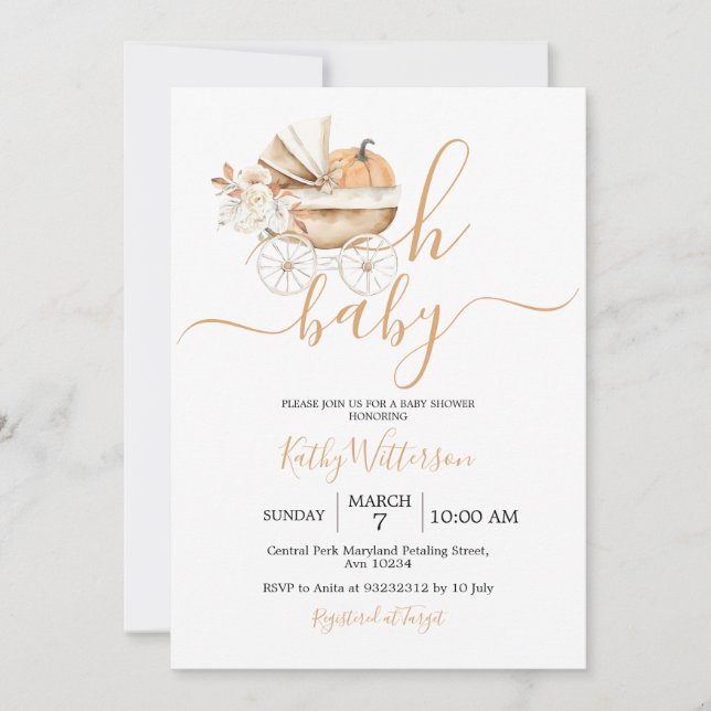 Vintag Baby Carriage Floral Baby Dusche Einladung (Vorderseite)