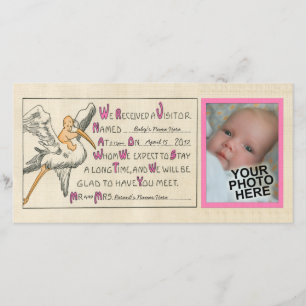 Vintag Baby Girl & Stork Geburtshinweis Pink Ankündigung