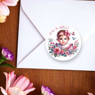 Vintag Baby Girl's Baby Shower   Es ist ein Mädche Runder Aufkleber