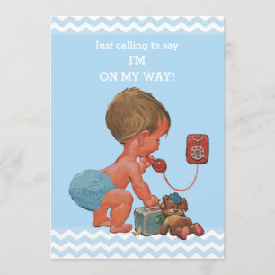 Vintag Baby on Phone Blue Chevrons Baby Shower Einladung