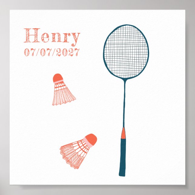 Vintag Badminton CUSTOM BABY NAME BIRTHDATE Art Poster (Vorne)