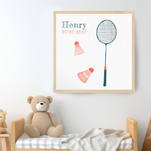 Vintag Badminton CUSTOM BABY NAME BIRTHDATE Art Poster