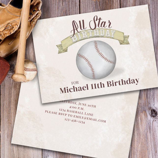 Vintag Baseball All Star Birthday Einfaches Party Einladung (Von Creator hochgeladen)