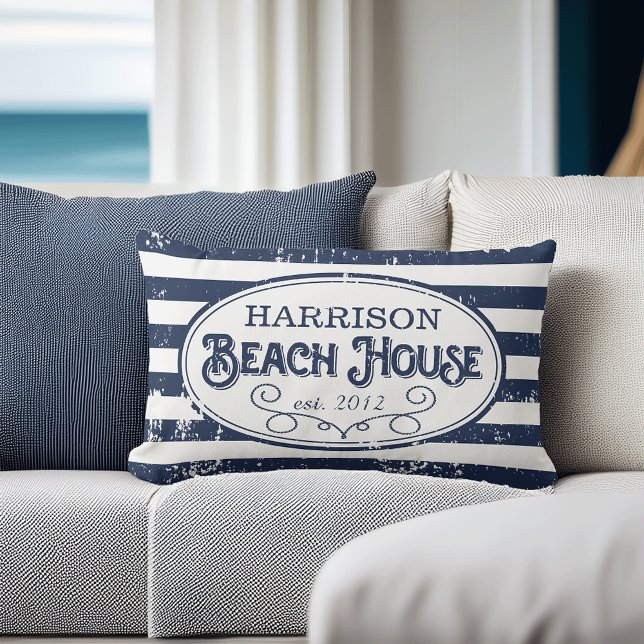 Vintag Beach House Personalisiert Navy und White Lendenkissen (Von Creator hochgeladen)