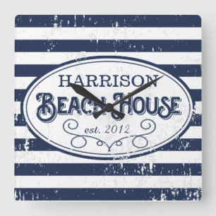 Vintag Beach House Personalisiert Navy und White Quadratische Wanduhr