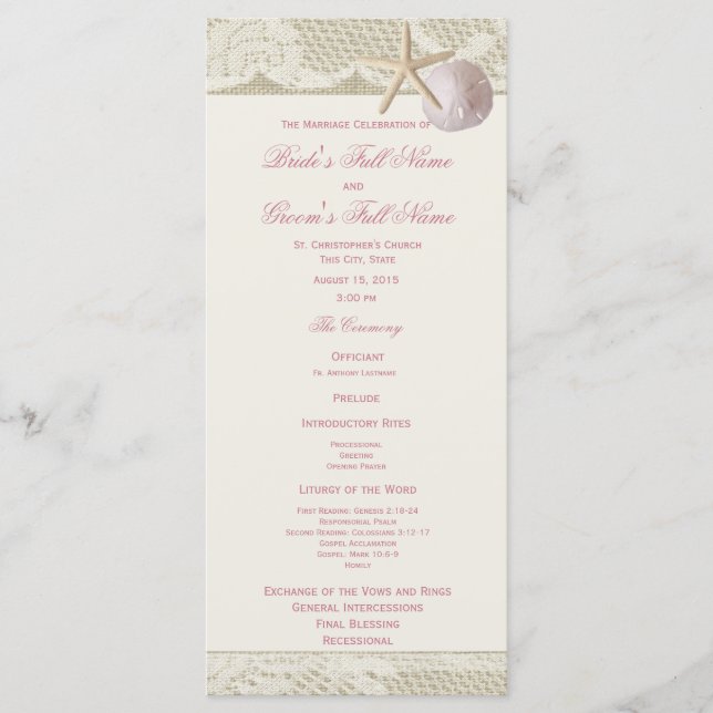 Vintag Beach Lace und Burlap Wedding Programm (Vorderseite)