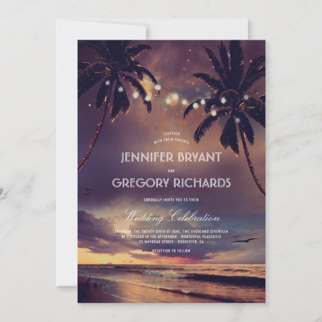 Vintag Beach Sunset | String Lights Palms Wedding Einladung (Vorderseite)