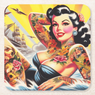 Vintag Beach Tattoo Pinup Rechteckiger Pappuntersetzer