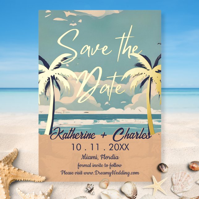 Vintag Beach Tropical Palm Save the Date Folieneinladung (Von Creator hochgeladen)