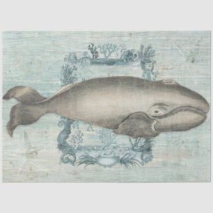 Vintag Beach Whale Starfish Blue Wood Decoupage Seidenpapier