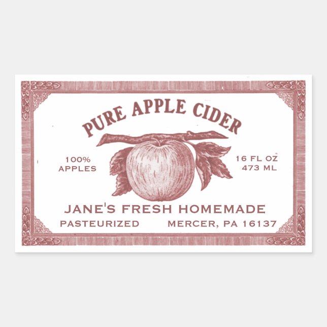 Vintag bearbeitbares Apple Cider Label Red Rechteckiger Aufkleber (Vorderseite)