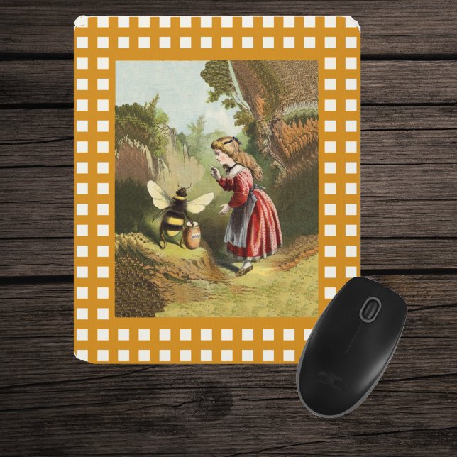 Vintag Bee Little Girl Honey Pot Mousepad (Victorian girl in woods talking to bee with pot of honey framed in checkered pattern on mousepad.)