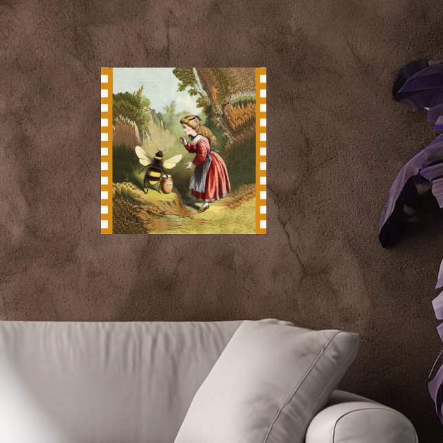Vintag Bee Little Girl Honey Pot Poster (Victorian girl in woods talking to bee guarding his pot of honey checkered border on wall poster.)