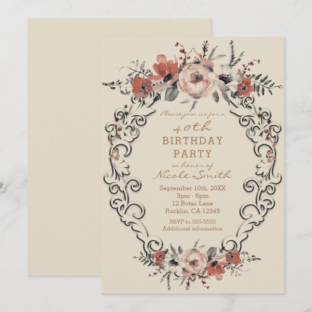 Vintag Beige Botanische Blumengeburtsparty Einladung (Vorne/Hinten)