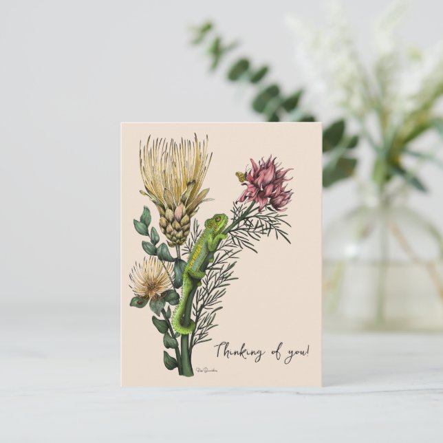 Vintag Beige Floral Chameleon Kunst Postkarte (Stehend Vorderseite)