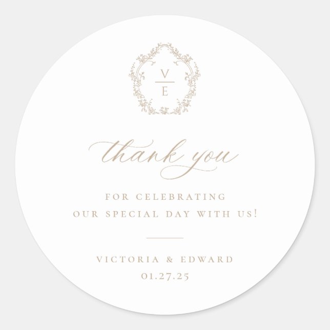 Vintag Beige Wappen Monogram Wedding Danke Runder Aufkleber (Vorderseite)