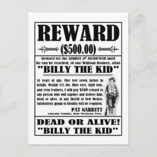 Vintag Billy das Kind Gewollt Poster Postkarte