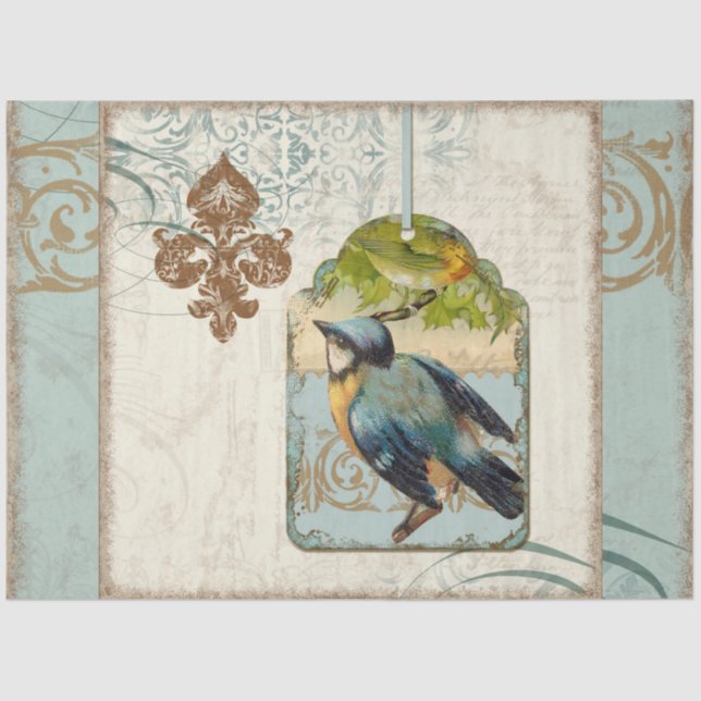 Vintag Bird Blue Yellow French Elegante Deko Seidenpapier (Vorderseite)