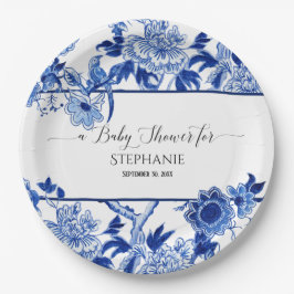 Vintag Bird Chinoiserie Navy Blumenbaby-Dusche Pappteller