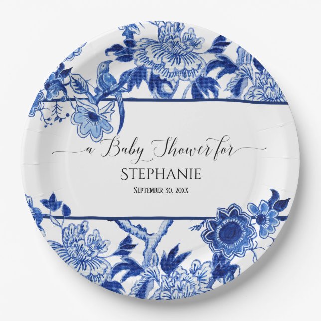 Vintag Bird Chinoiserie Navy Blumenbaby-Dusche Pappteller (Vorderseite)