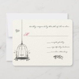 Vintag Bird Gray Birdcage Pink Accents Wedding RSVP Karte
