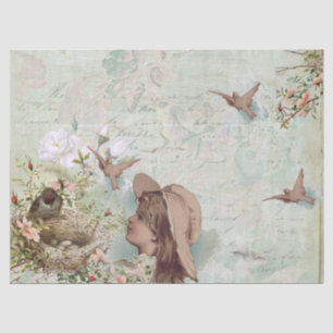 Vintag Bird Nest Girl Französisch Script Decoupage Seidenpapier