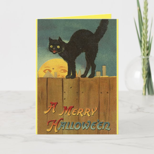 Vintag Black Cat Halloween Karte (Vorderseite)