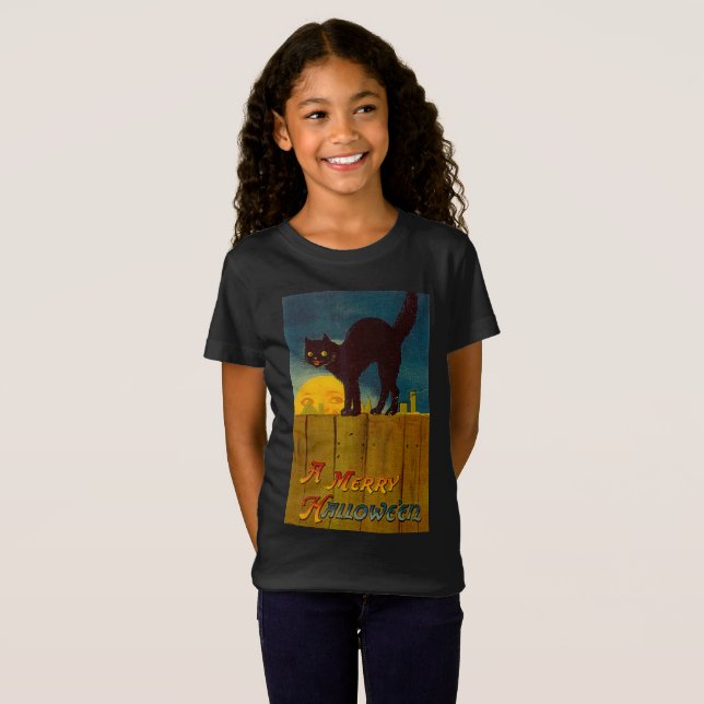 Vintag Black Cat Halloween T-Shirt (Vorne ganz)