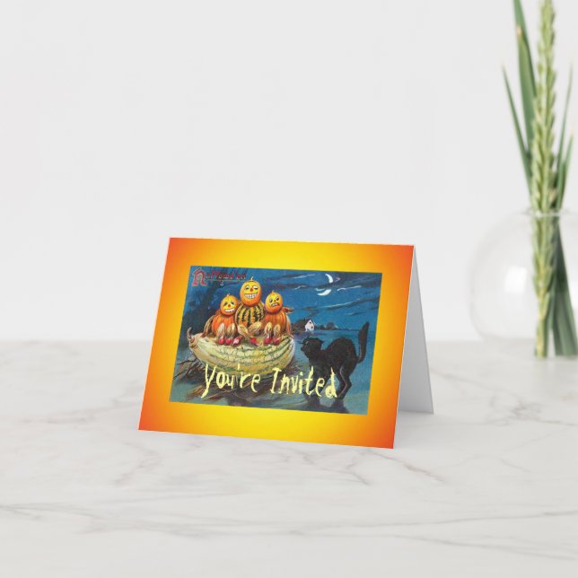 Vintag Black Cat Pumpkin Invite Card Einladung (Vorderseite)