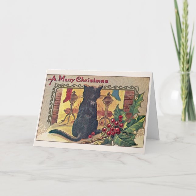 Vintag Black Cat Weihnachtskarte Feiertagskarte (Vorderseite)