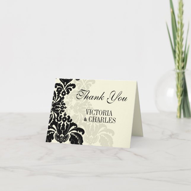 Vintag Black Damask Wedding Vielen Dank Dankeskarte (Vorderseite)