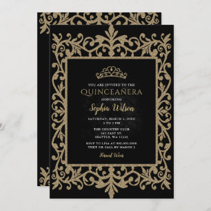 Vintag Black Gold Princess Tiara Quinceañera Einladung