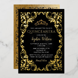 Vintag Black Gold Princess Tiara Quinceañera Folieneinladung