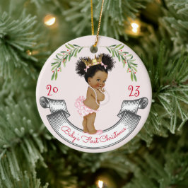 Vintag Black Hair Baby's First Christmas Pink Red Keramik Ornament