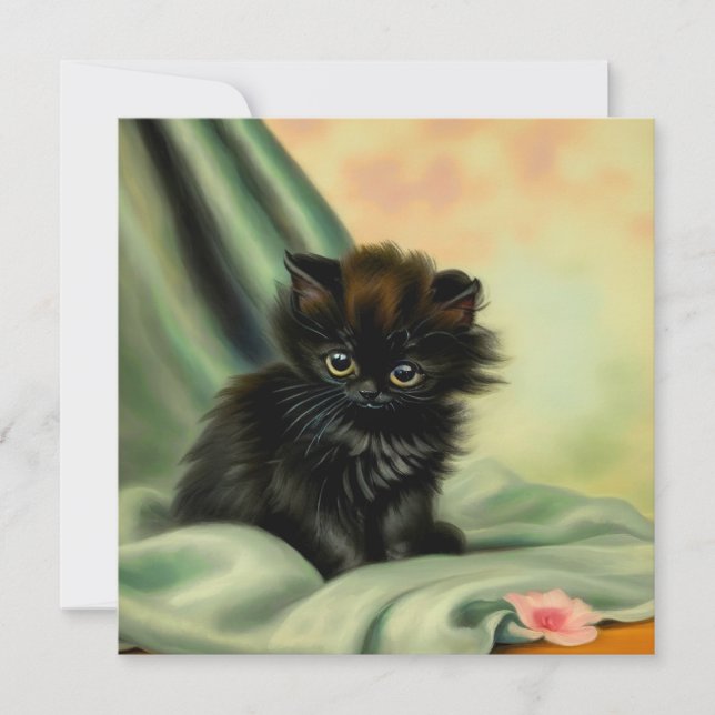 Vintag Black Kitten Illustration Einladung (Vorderseite)