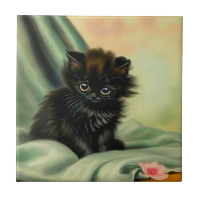 Vintag Black Kitten Illustration Fliese (Vorderseite)