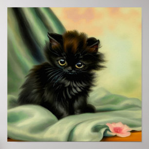 Vintag Black Kitten Illustration Poster