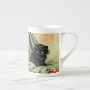 Vintag Black Kitten Illustration Prozellantasse