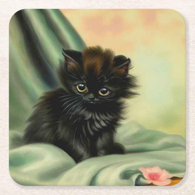 Vintag Black Kitten Illustration Rechteckiger Pappuntersetzer (Vorderseite)