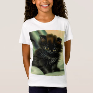 Vintag Black Kitten Illustration T-Shirt