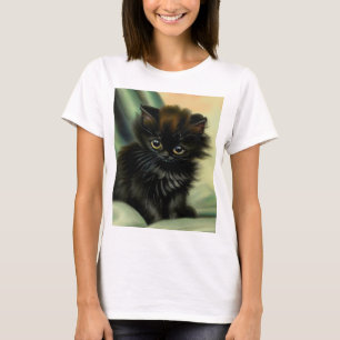 Vintag Black Kitten Illustration T-Shirt